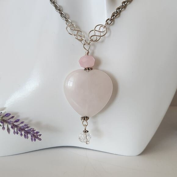 Rose Quartz Heart Shaped Stone Pendant Necklace - Picture 4 of 12